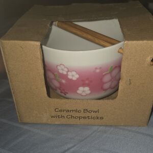 Floral Pink Ceramic Bowl with Chopsticks